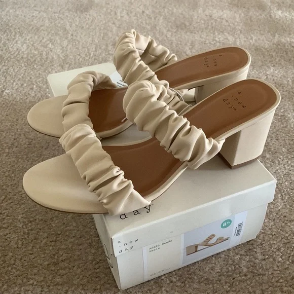 A New Day | Wanda Ruched Block Heeled Sandals - Cream - Picture 1 of 12